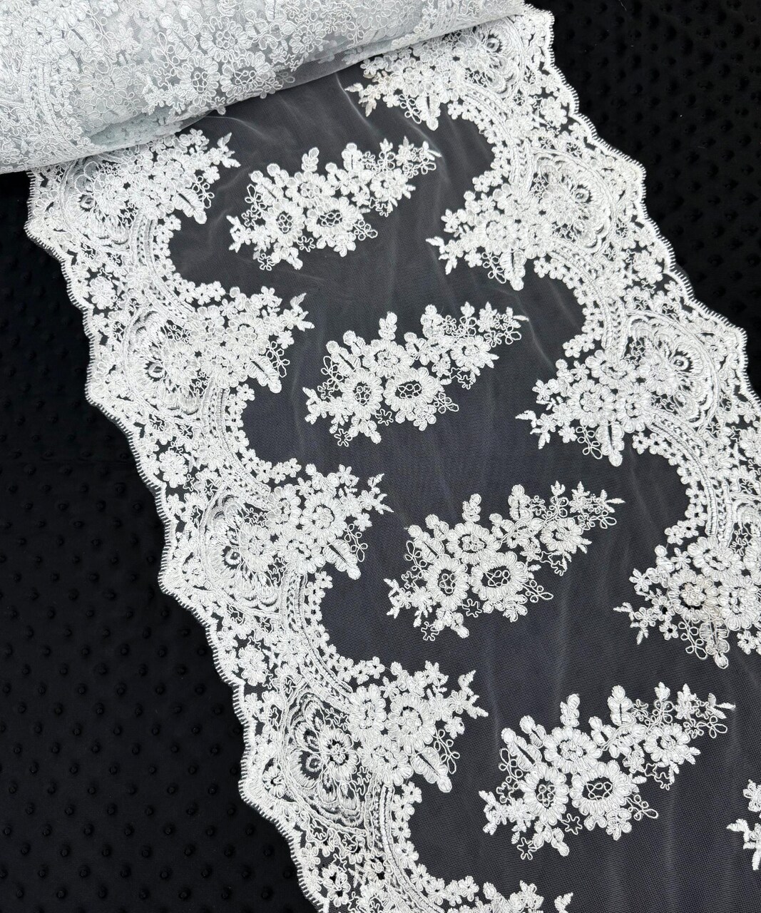 White Embroidered Lace Table Runner by the Yard, 20" Wide Sequin Mesh Lace Trim with Scalloped Edges